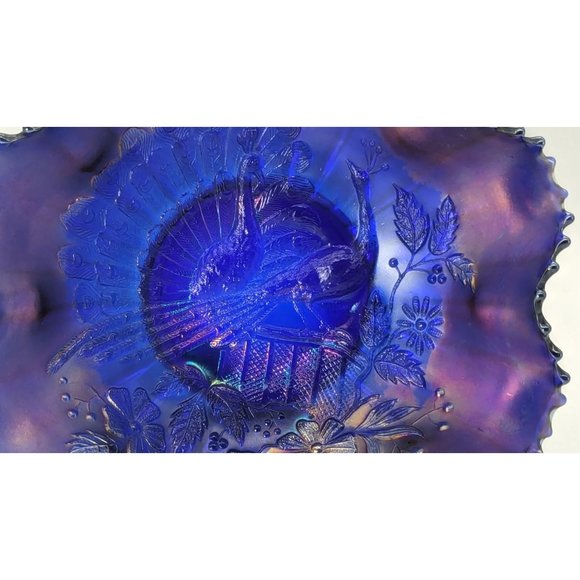 Vintage Northwood Peacocks on Fence Electric Blue Bowl Ruffle Sawtooth - Picture 11 of 16
